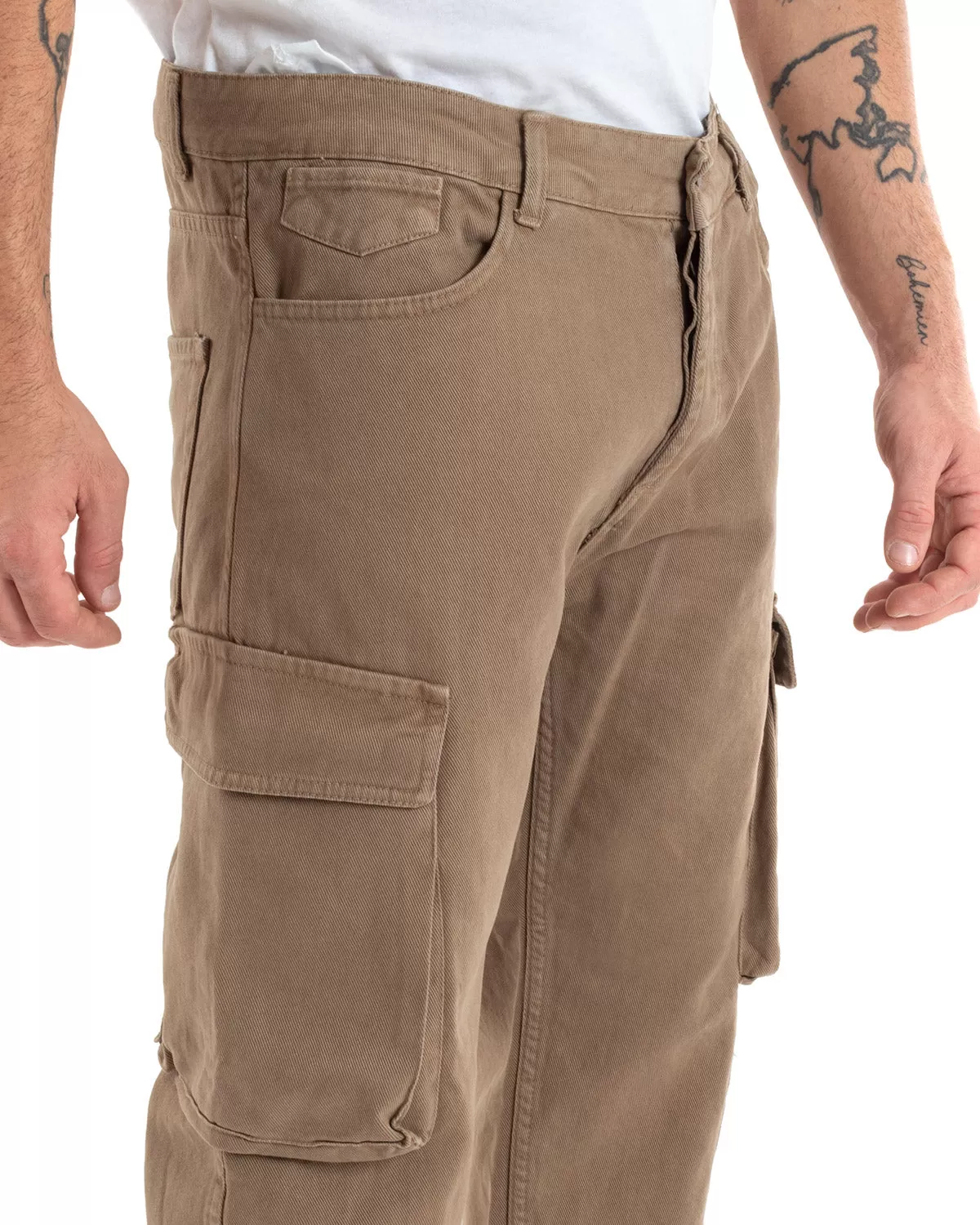 Pantaloni Jeans Uomo Straight Fit Cargo Camel Cinque Tasche Casual GIOSAL-P5550A