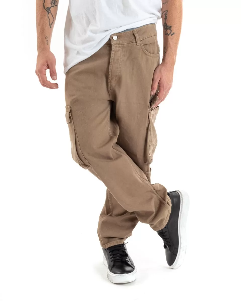 Pantaloni Jeans Uomo Straight Fit Cargo Camel Cinque Tasche Casual GIOSAL-P5550A