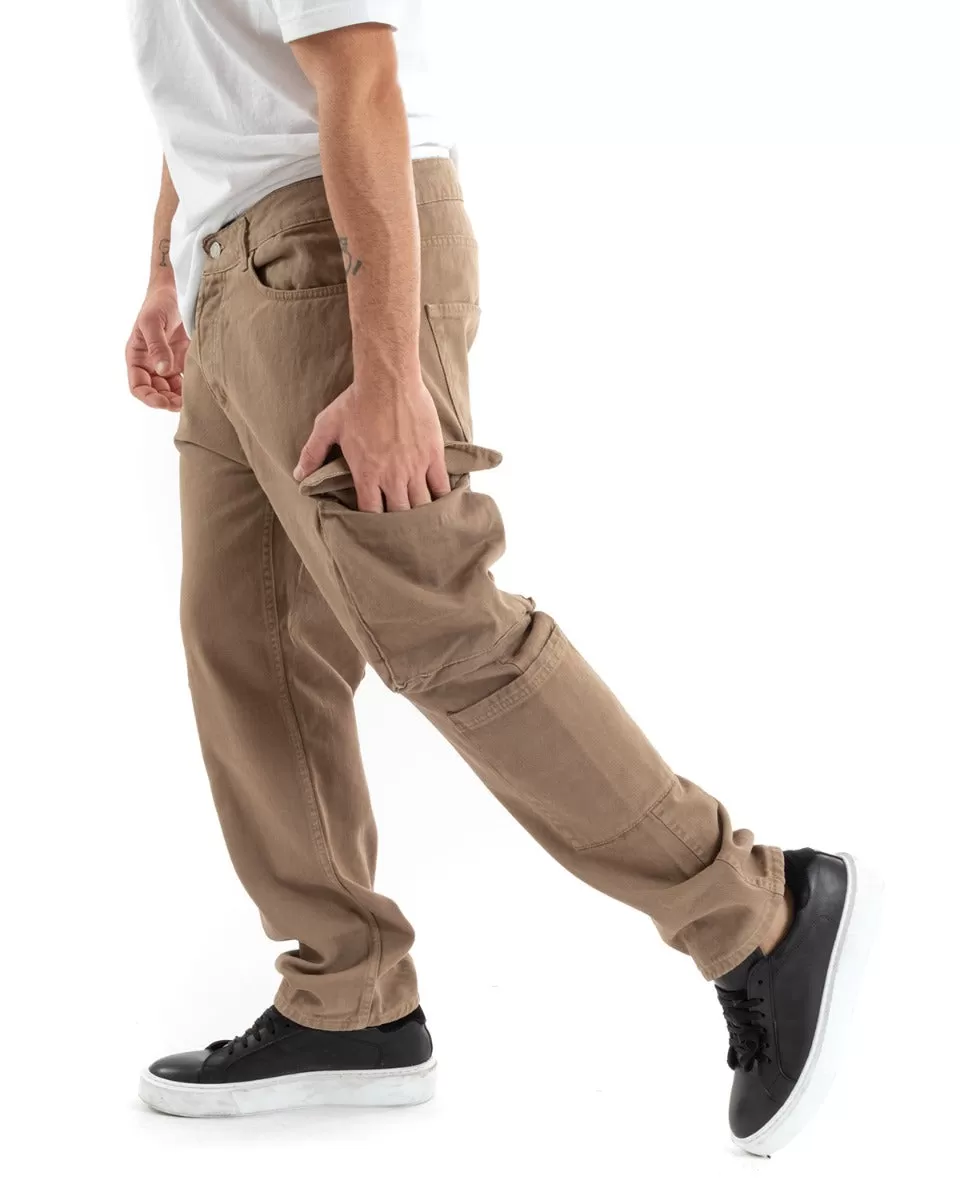 Pantaloni Jeans Uomo Straight Fit Cargo Camel Cinque Tasche Casual GIOSAL-P5550A