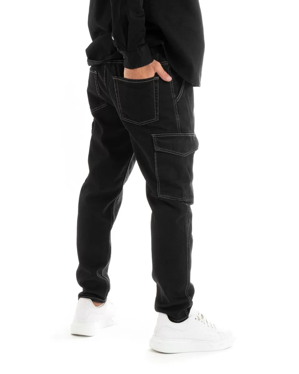 Pantaloni Jeans Uomo Straight Fit Cargo Pantalaccio Nero GIOSAL-P5927A