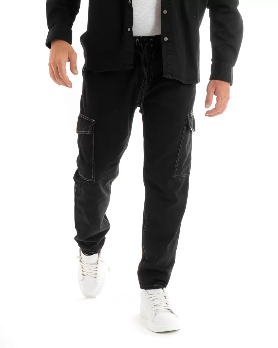 Pantaloni Jeans Uomo Straight Fit Cargo Pantalaccio Nero GIOSAL-P5927A