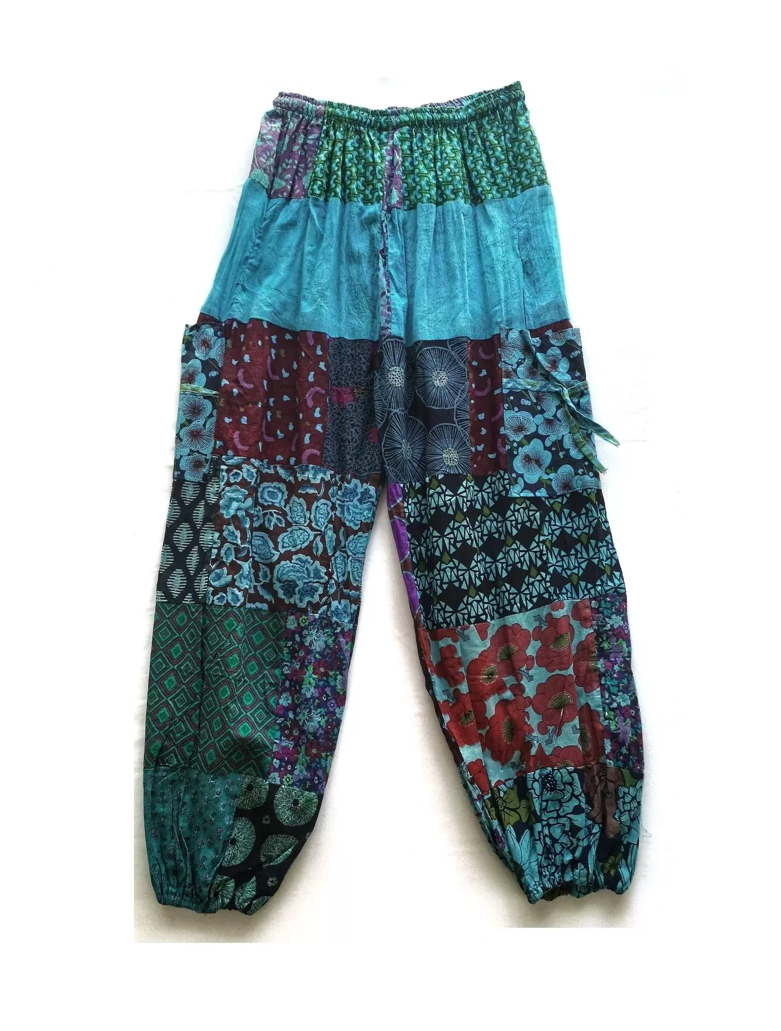 Peacock Blue Patchwork Harem or Yoga Loose Cotton Pants with Pockets