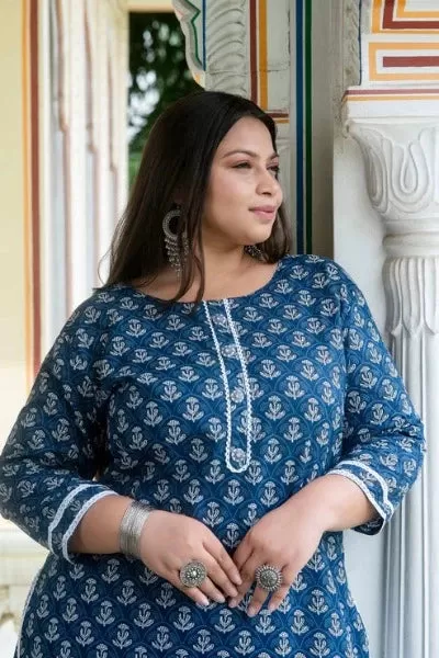 Plus size Blue White Cotton Readymade Kurti