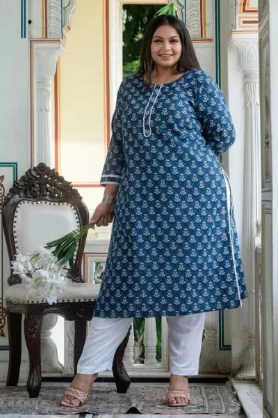 Plus size Blue White Cotton Readymade Kurti