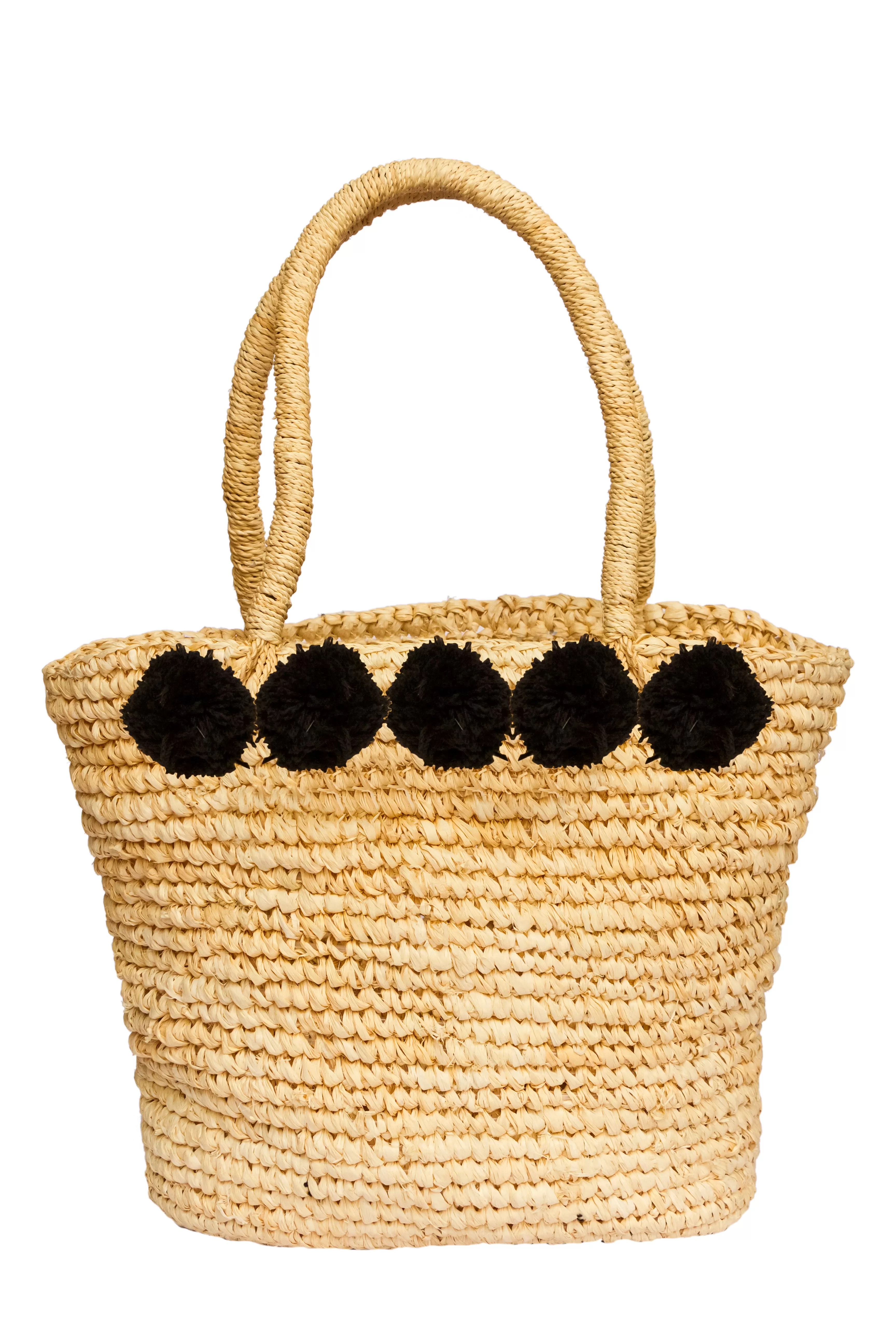 Pompom Beach Straw Basket Tote