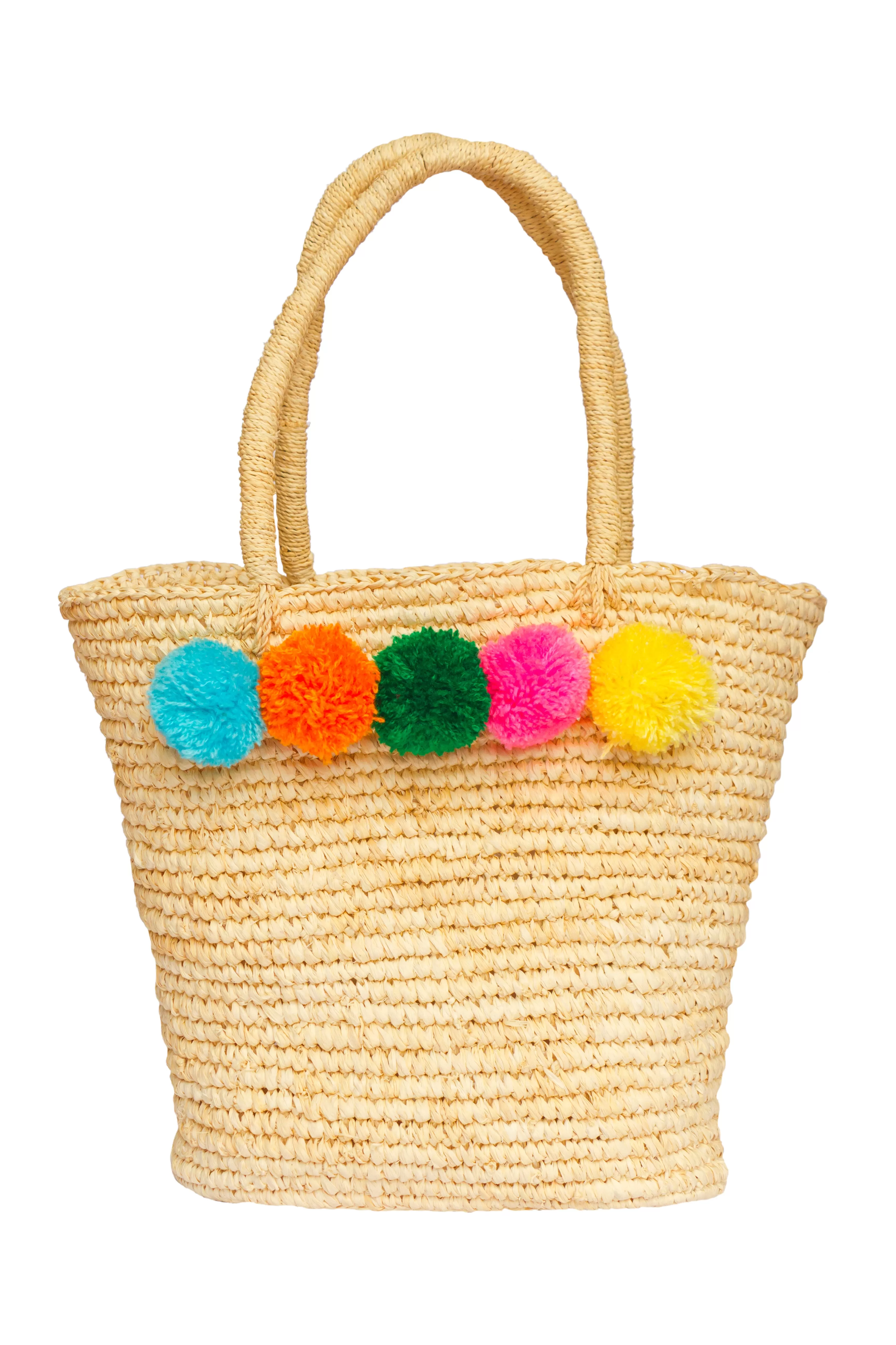 Pompom Beach Straw Basket Tote