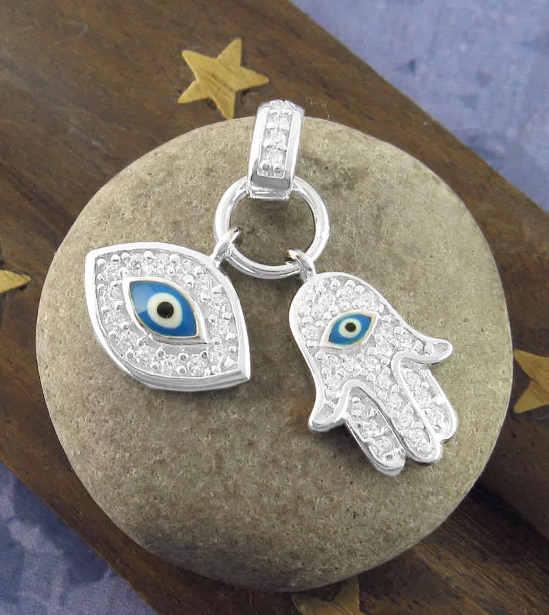 Protective Hamsa Hand & Evil Eye Charms Pendant with Crystals