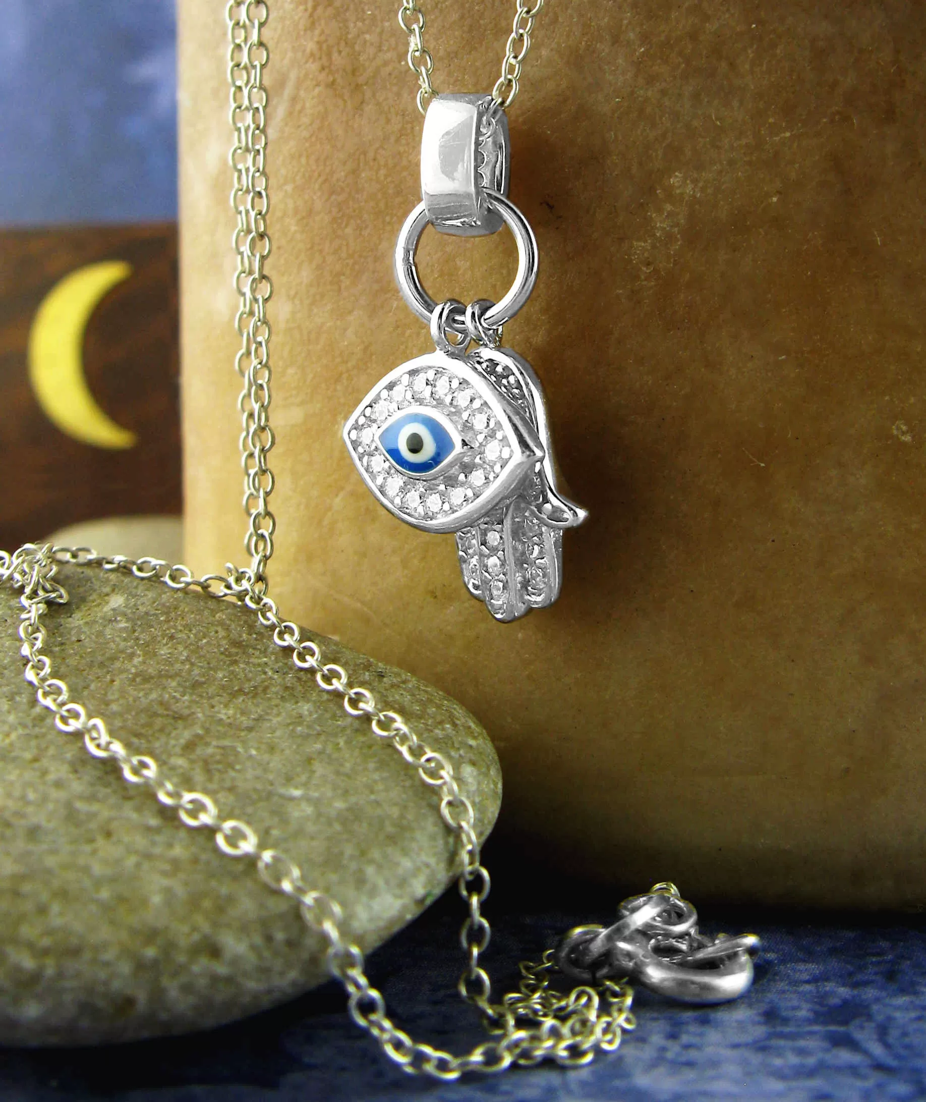 Protective Hamsa Hand & Evil Eye Charms Pendant with Crystals