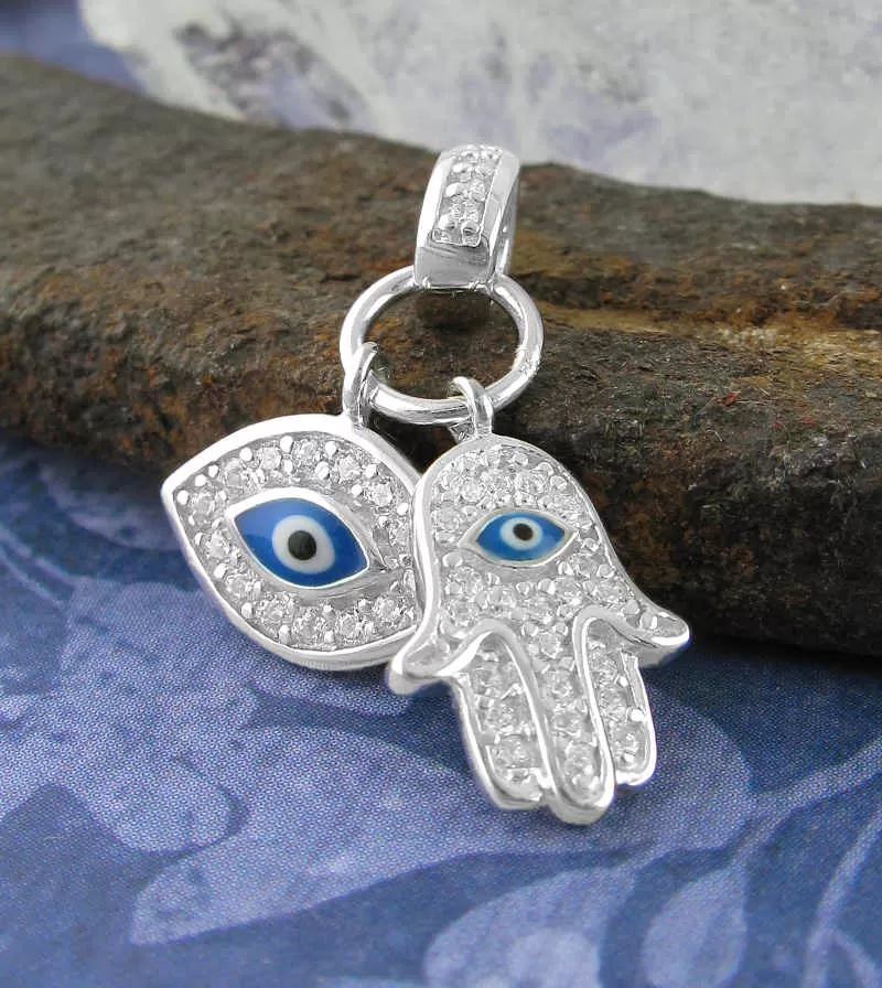 Protective Hamsa Hand & Evil Eye Charms Pendant with Crystals