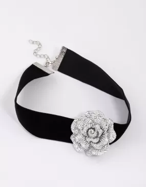 Rhodium Black Crystal Mini Flower Choker