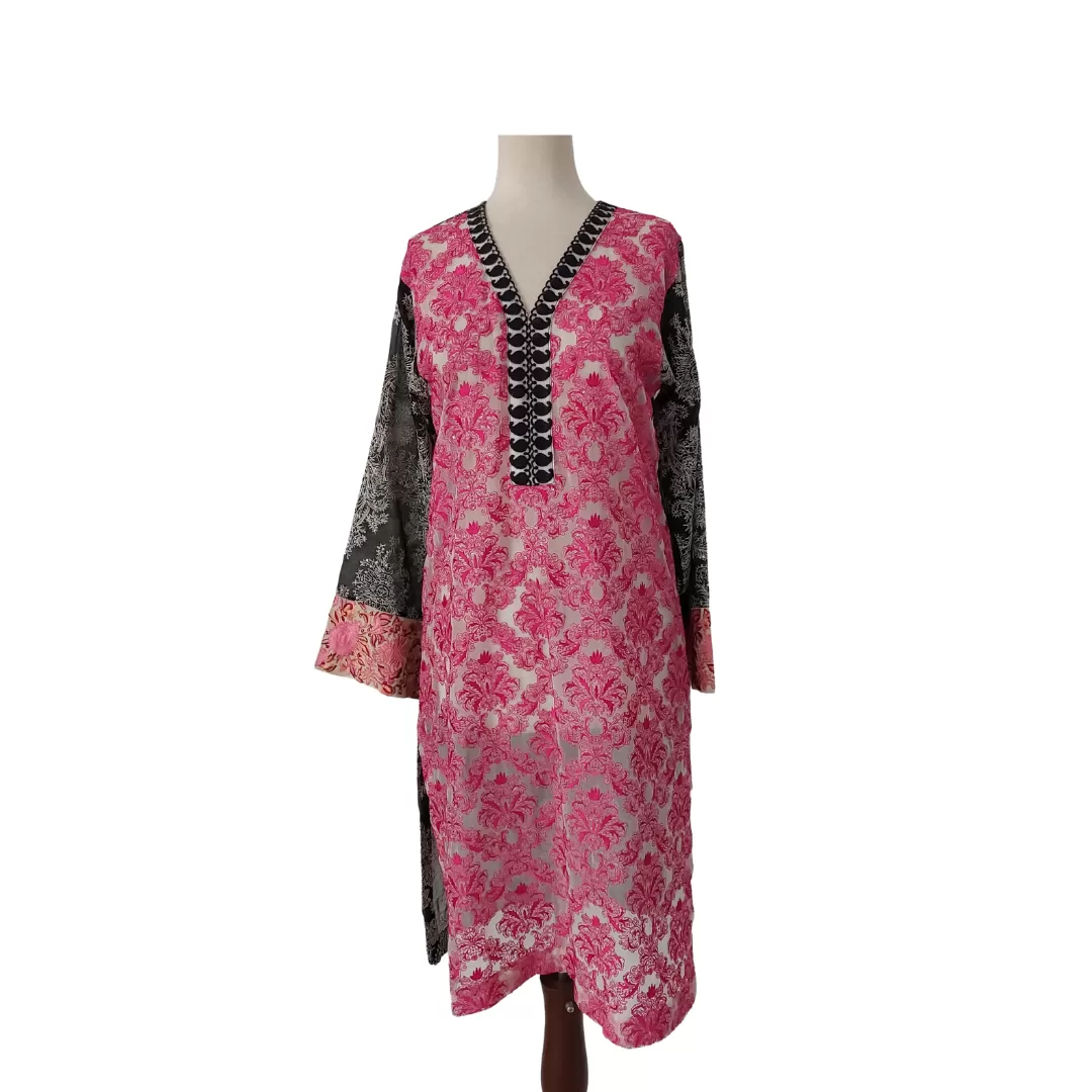 Sana Safinaz Black & Pink Embroidered Sheer Kurta | Gently Used |