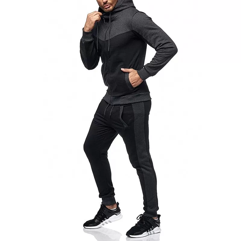 Winter Men Casual Sport Set Long Sleeve Hooded Jacket Trousers