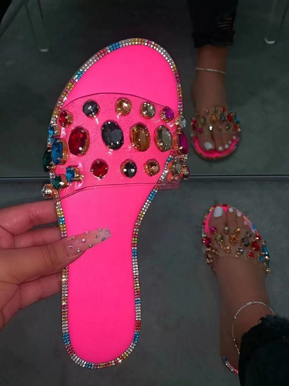 Woman Sandals 2021 Women Shoes Rhinestones ChainsGladiator Flat Sandals Crystal Chaussure Plus Size 42