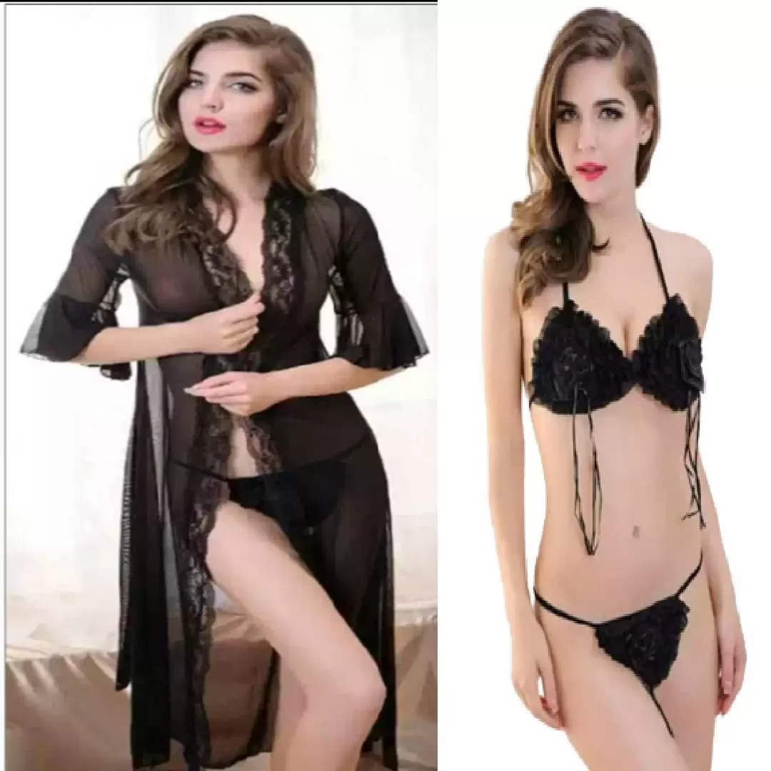 Women Nightwear Set Bra Panty Set Full Front Open  Nighty for Women Transparent Black Nighty