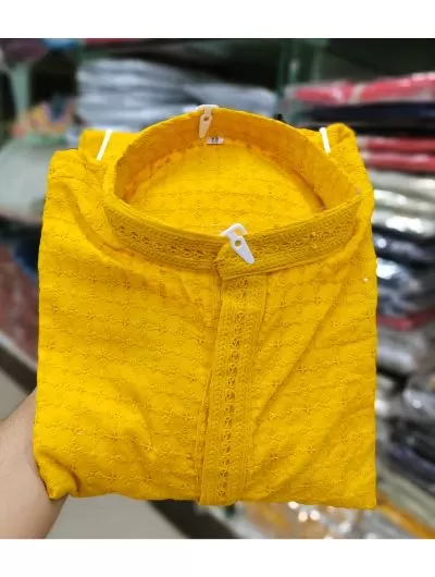 Yellow Rayon Chikankari Men Kurta with Payjama (Set 2)